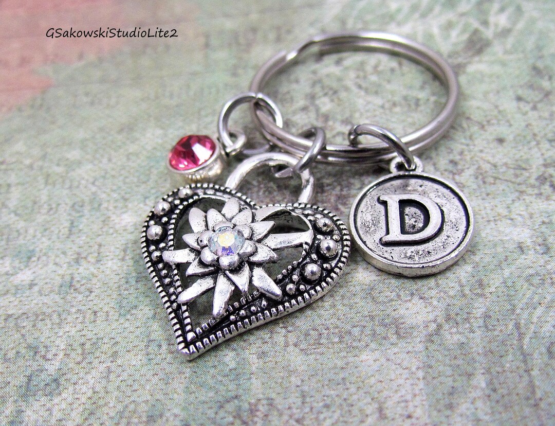 Edelweiss Heart Charm Key Ring, Personalized Antique Silver Initial ...