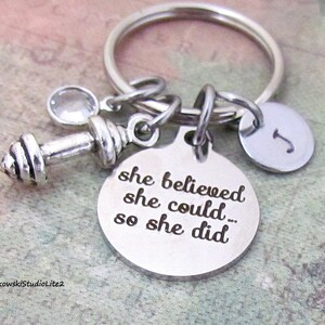 She believed she could so she did Barbell Charm Key Ring, Personalized Antique Silver Initial Motivational Fitness Gift Keyring Key Chain