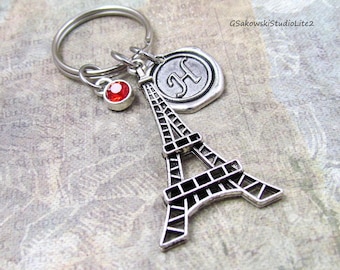 Eiffel Tower Charm Key Ring, Personalized Antique Silver Initial Wax Seal Birthstone Large Paris Tower Charm Key Chain, Purse Charm
