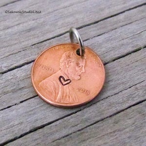 Add on Penny Charm, Hand stamped heart penny dangle drop, lucky penny