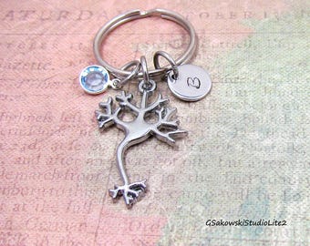 Neuron Charm Key Ring Personalized Antique Silver Initial Birthstone Brain Cell Nerve Keyring, Doctor Gift