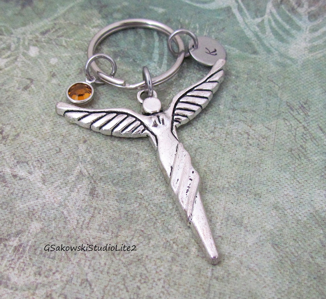 Angel Charm Key Ring, Personalized Antique Silver Initial Birthstone ...