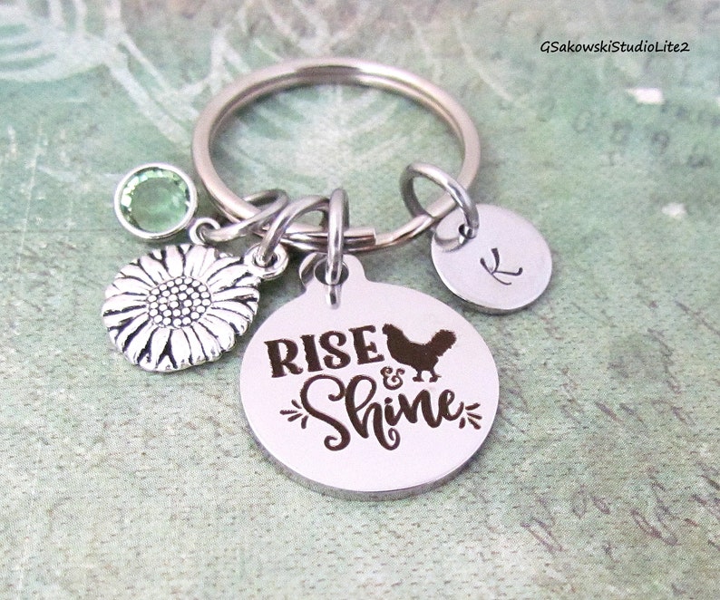 Rise and Shine Sunflower Charm Key Ring Personalized Antique Silver Initial Sunshine Gift Keyring Key Chain