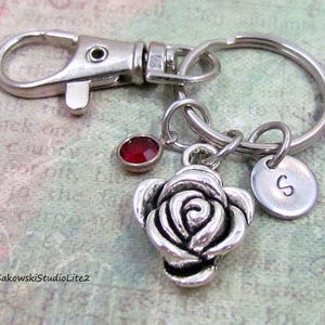 Rose Charm Key Ring, Personalized Antique Silver Initial Birthstone Rose Flower Charm Keychain, Roses Lover Gift