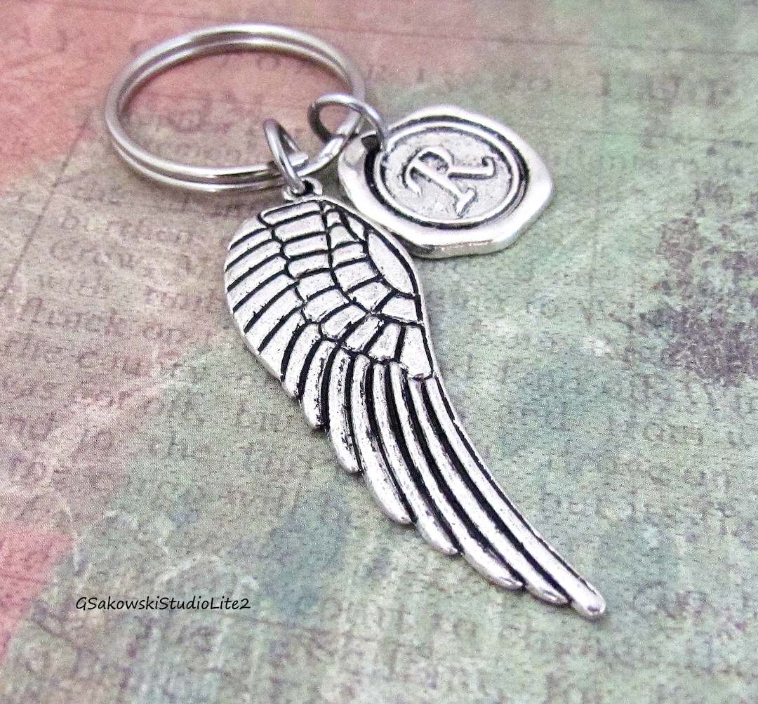 Angel Wing Charm Keychain, Personalized Antique Silver Wax Seal Initial ...