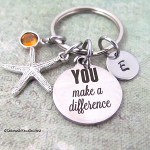 You Make a Difference Starfish Charm Key Ring, Personalized Initial Teacher Appreciation Gift Keyring Key Chain