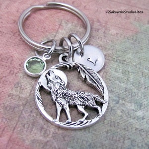 Wolf Charm Key Ring, Personalized Antique Silver Initial Birthstone Sand Dollar Gift Luck Token Native American Gift  Keyring Key Chain