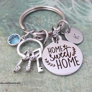 Home sweet home House Keys Charm Key Ring, Personalized Antique Silver Initial New Homeowner New House Keyring Key Chain