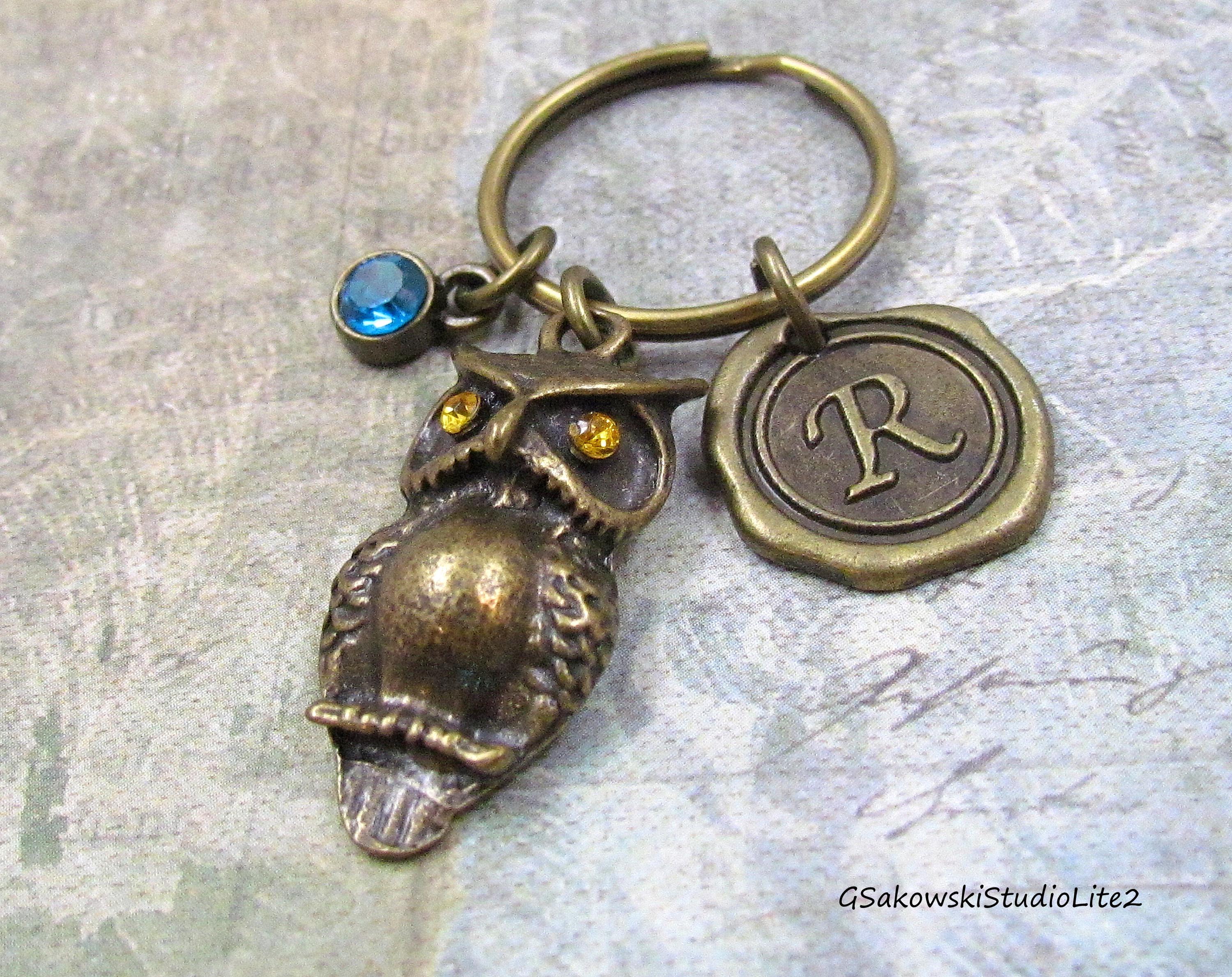 Owl Charm Key Ring, Personalized Antique Brass Initial Wax Seal Birthstone Large 3D Owl Charm Key Ch
