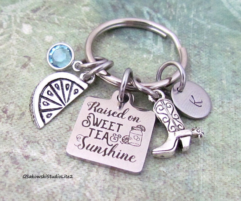 Personalized Initial Southern Girl Gift Keyring Key Chain Raised on Sweet Tea And Sunshine Cowboy Boot Lemon Charm Key Ring