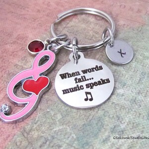 When words fail music speaks Treble Clef Music Note Charm Key Ring, Personalized Initial Music Gift Keyring Key Chain