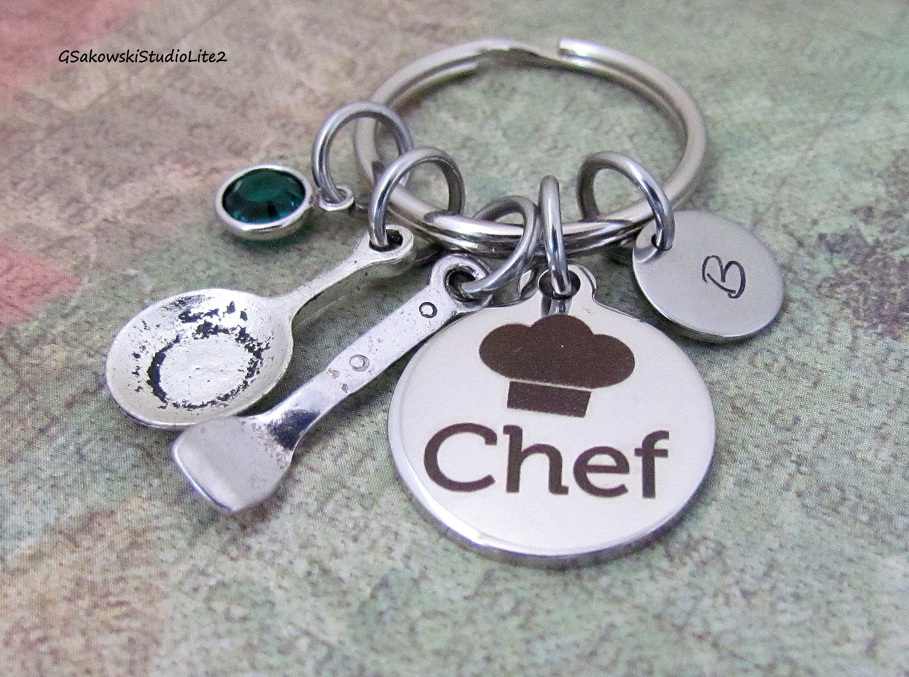 Chef Frying Pan Spatula Charm Key Ring, Personalized Initial Cooking ...