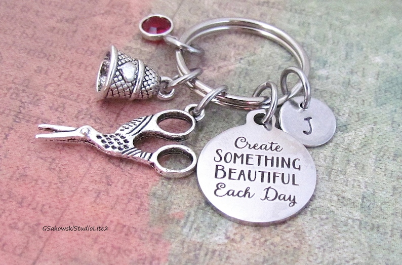 Personalized Initial Sewing Gift Keyring Key Chain Create Something beautiful Each Day Stork Sewing Scissors and Thimble Charm Key Ring