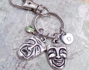 Comedy / Tragedy Theater Masks Key Ring, Personalized Antique Silver Initial Theater Masks Keyring Key Chain, Theater Lover gift