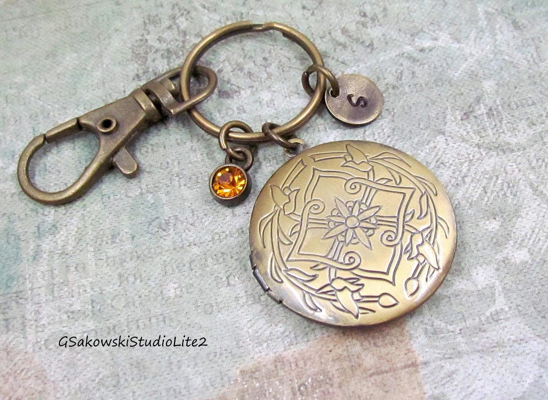 Locket Key Ring Round Locket Key Ring Personalized Antique Brass Hand Stamped Initial ...