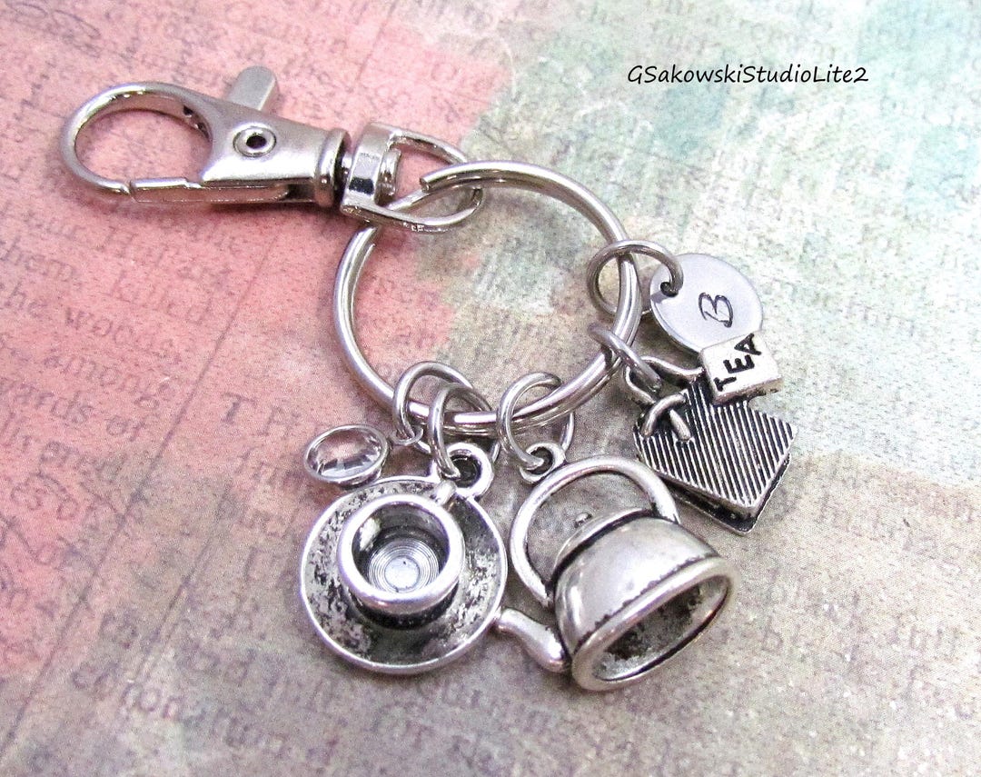 Tea Lover Charms Key Ring, Personalized Antique Silver Initial ...