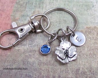 Pansy Charm Key Ring, Personalized Antique Silver Initial Birthstone Pansy Flower Charm Keychain, Pansy Lover Gift