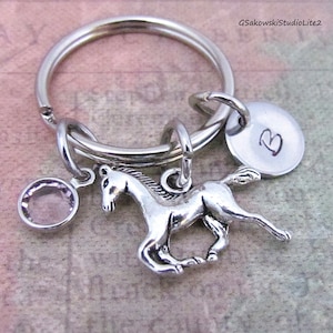 Horse Charm Key Ring, Personalized Antique Silver Initial Birthstone Sand Dollar Gift Luck Token Horse Keyring Key Chain