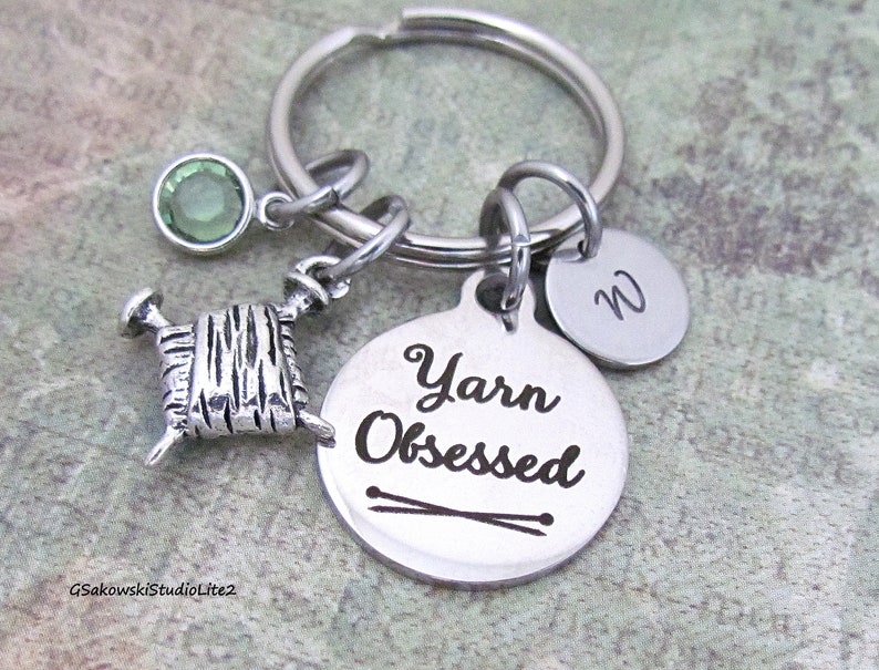 Yarn Obsessed Knitting Needle Ball of Yarn Charm Key Ring image 0