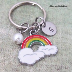 Rainbow Charm Key Ring, Personalized Antique Silver Initial Raibow Gift Keyring Key Chain