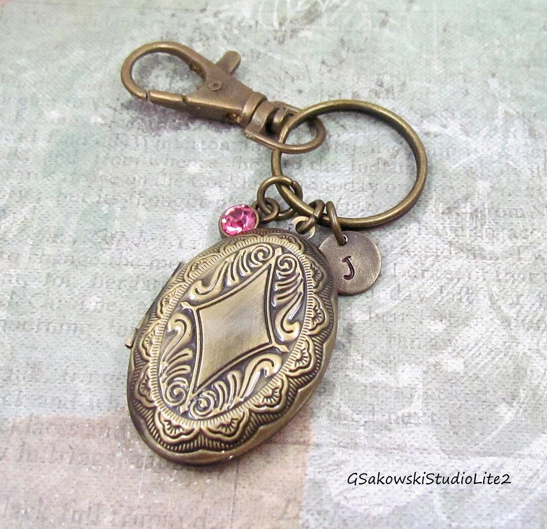 Locket Key Ring Oval Locket Key Ring, Personalized Antique Brass Hand Stamped Initial ...