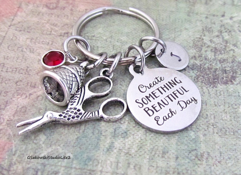Personalized Initial Sewing Gift Keyring Key Chain Create Something beautiful Each Day Stork Sewing Scissors and Thimble Charm Key Ring