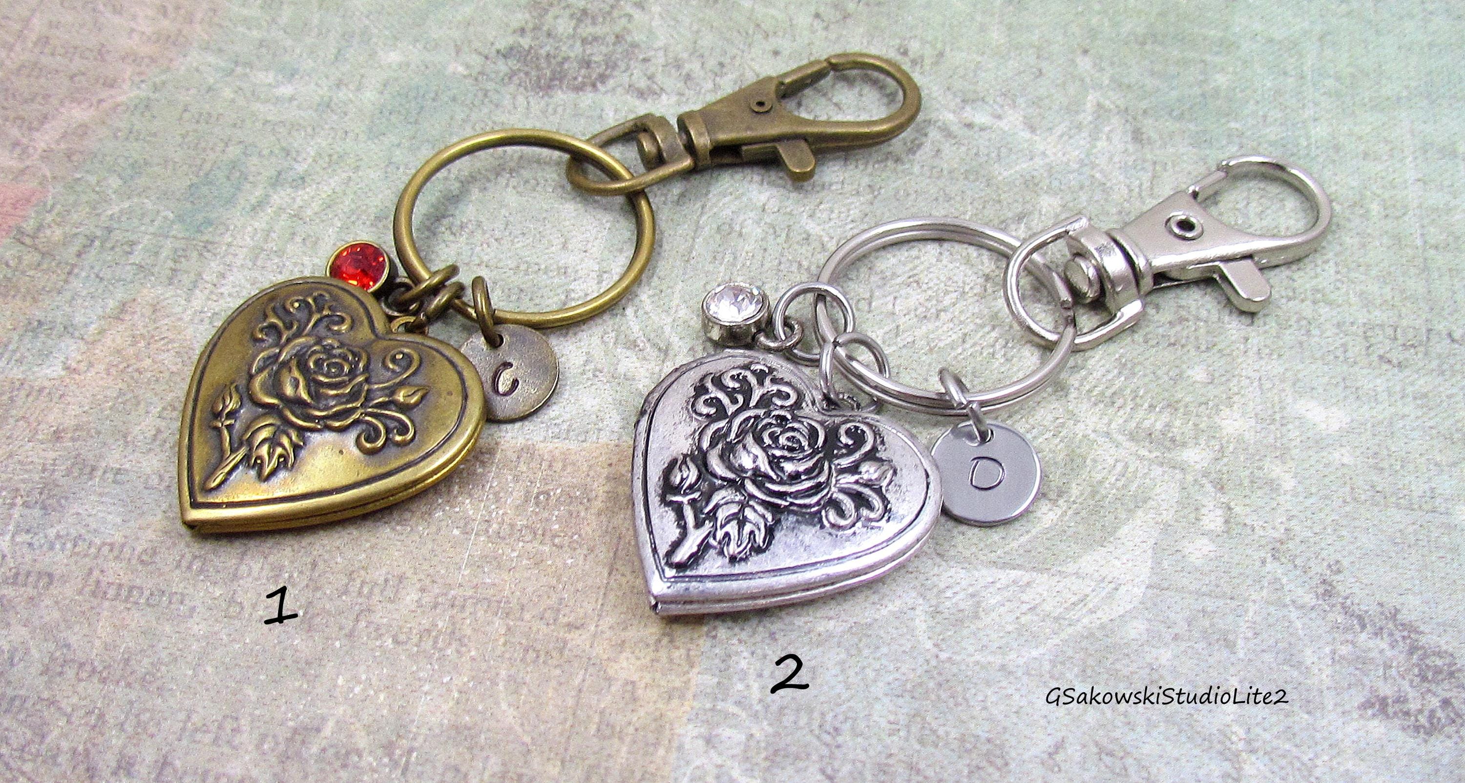 Locket Key Ring Heart Locket Key Ring Personalized Hand Stamped Initial Birthstone Rose ...