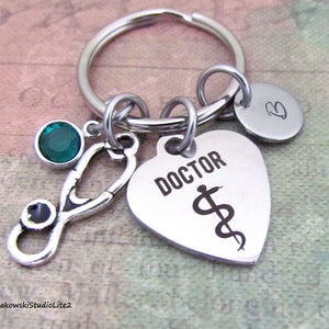 Doctor Caduceus Stethoscope Charm Key Ring, Personalized Antique Silver Initial Doctor Gift Keyring Key Chain