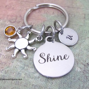 Shine Sun Charm  Key Ring, Personalized Antique Silver Initial Daughter Gift Keyring Key Chain