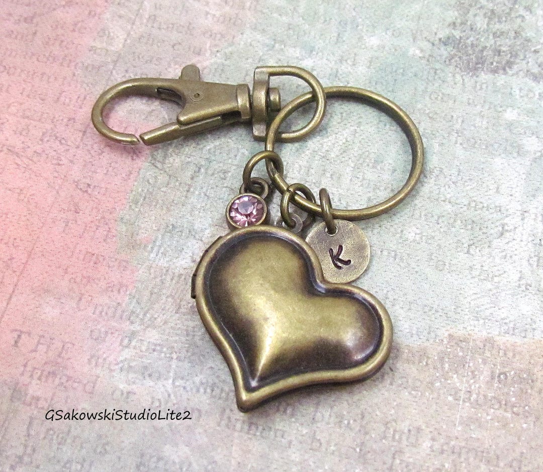 Locket Key Ring Heart Locket Key Ring Personalized Antique Brass Hand Stamped Initial ...