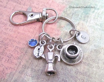 Coffee Lover Charms Key Ring, Personalized Antique Silver Initial Birthstone Coffee Bean Espresso Coffee Cup Key Chain, Coffee Gift