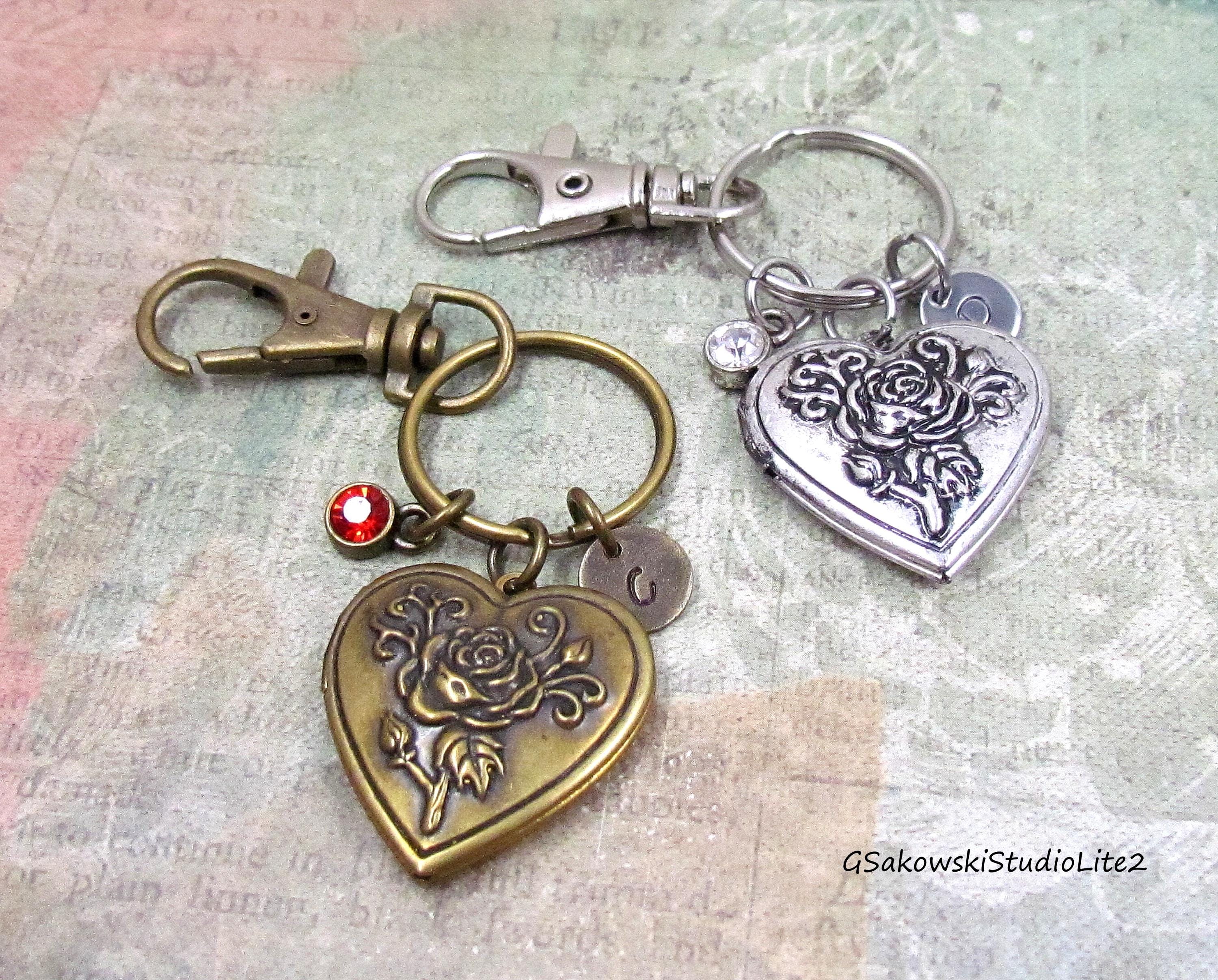 Locket Key Ring Heart Locket Key Ring Personalized Hand Stamped Initial Birthstone Rose ...