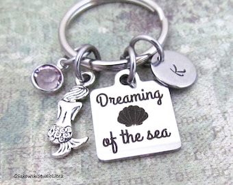 Dreaming of the Sea Mermaid Charm Key Ring, Personalized Antique Silver Initial Motivational Nautical Fantasy Gift Keyring Key Chain
