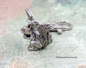 Squirrel Key Ring, Personalized Antique Silver Initial Birthstone Squirrel Charm Keychain, Animal Lover Gift