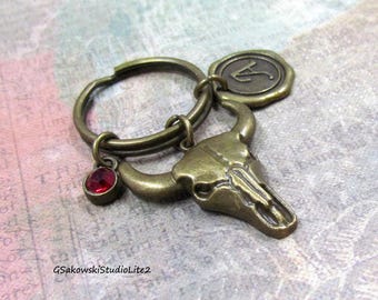 Bull Skull Keychain, Steer Skull Keyring Personalized Antique Brass Wax Seal Initial Birthstone Longhorn Keychain, Southwestern Gift