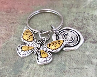 Butterfly Faith Hope Charm Key Ring, Personalized Antique Silver Wax Seal Initial Butterfly Key Chain