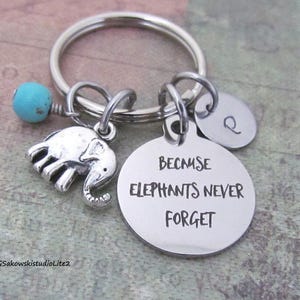 Because Elephants Never Forget Elephant Charm Key Ring, Personalized Initial Birthstone Never Forget Elephant Gift Keyring Key Chain
