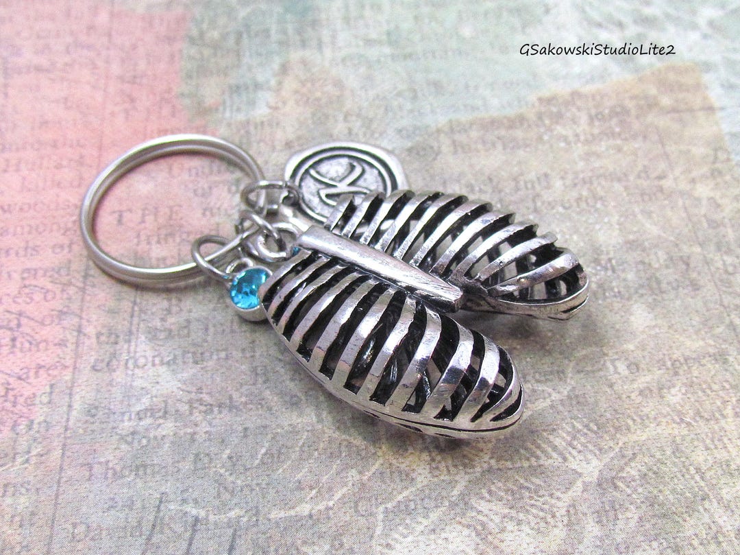 Rib Cage Charm Key Ring Personalized Antique Silver Initial Birthstone ...