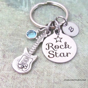 Rock Star Guitar Charm Key Ring, Personalized  Initial Music Bass Guitar Gift Keyring Key Chain