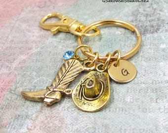 Cowboy Boot and Hat Charms Keychain, Personalized Antique Gold Hand Stamp Initial Birthstone Cowboy Keyring Key Chain, Cowgirl Gift