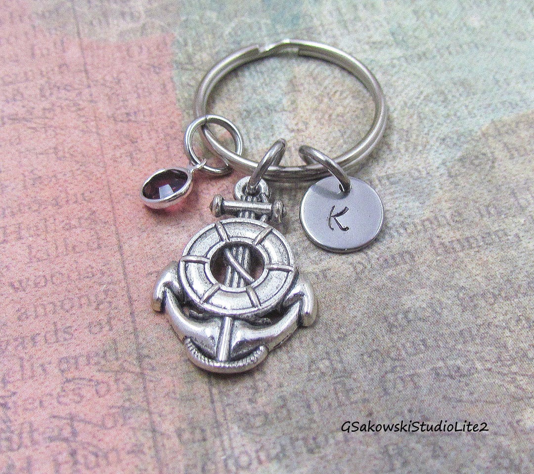 Anchor Charm Key Ring, Personalized Initial Birthstone Nautical Love ...