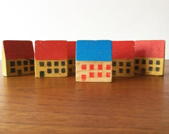 Vintage Erzgebirge Wooden Houses, 6 Piece Village, Putz Houses, Red & Blue Roofs