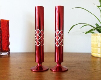 Vintage Conrah Red Bud Vases, Mid-Century Modern, Engraved Lattice Detail, Cristillium Range