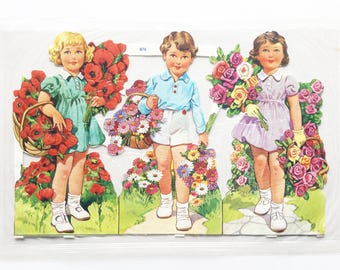 Vintage Die Cut Children with Flowers, Mamelok Embossed Scrap Reliefs, Sheet MLP 876