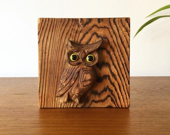 Vintage Carved Wooden Owl Wall Plaque, Cryptomeria Wood, Mid Century Wall Art