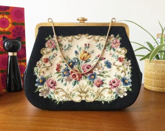 Vintage Tapestry Handbag, Swiss Floral Needlepoint Purse with Gold Chain, Multi Pockets, Beige Lining