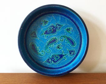 Vintage Bitossi Liberty Dish by Aldo Londi, 10-inch, Paisley Pattern, 1960s Blue Italian Pottery