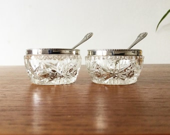 Antique Sterling Silver Crystal Salt Cellars with Spoons, 1920s Tableware, Made in England