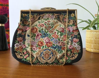 Vintage Tapestry Purse, Floral Needlepoint Design, Gold-Tone Chain Handle, made in Switzerland
