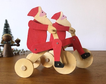 Vintage Wooden Santa Kinetic Toys, 2 Moving Santas on Tricycles, Wood Christmas Decor
